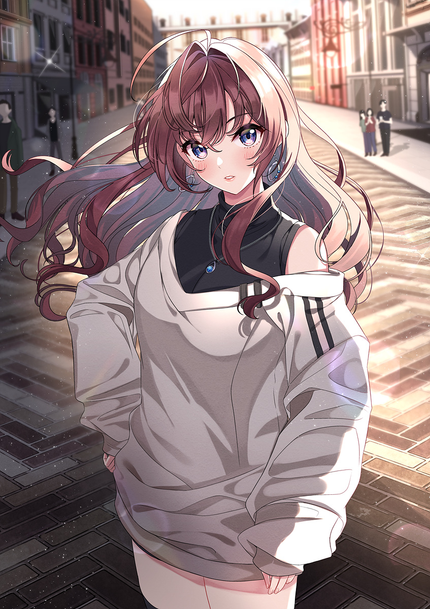 1girl 3boys 3girls bangs bare_shoulders black_legwear black_shirt blurry blurry_background blush brown_hair building commentary_request day depth_of_field earrings eyebrows_visible_through_hair floating_hair grey_sweater hair_between_eyes highres ichinose_shiki idolmaster idolmaster_cinderella_girls idolmaster_cinderella_girls_starlight_stage jewelry long_hair long_sleeves looking_at_viewer multiple_boys multiple_girls off_shoulder outdoors parted_lips pendant puffy_long_sleeves puffy_sleeves shirt sleeveless sleeveless_shirt sleeves_past_wrists solo_focus standing sutoroa sweater thigh-highs violet_eyes
