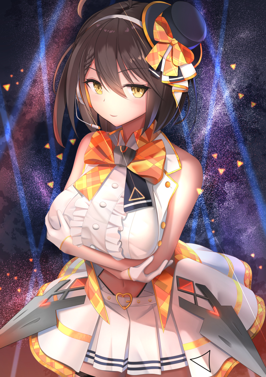 1girl ahoge azur_lane baltimore_(azur_lane) baltimore_(muse)_(azur_lane) bangs breasts brown_hair center_frills closed_mouth clothing_cutout commentary_request eyebrows_visible_through_hair frills gloves hair_between_eyes hairband half_gloves hand_on_own_chest hat hat_ribbon headgear highres idol idol_clothes large_breasts leaning_forward looking_at_viewer mini_hat navel navel_cutout onasuba pleated_skirt ribbon short_hair sidelocks skirt smile solo standing stomach white_gloves white_skirt yellow_eyes