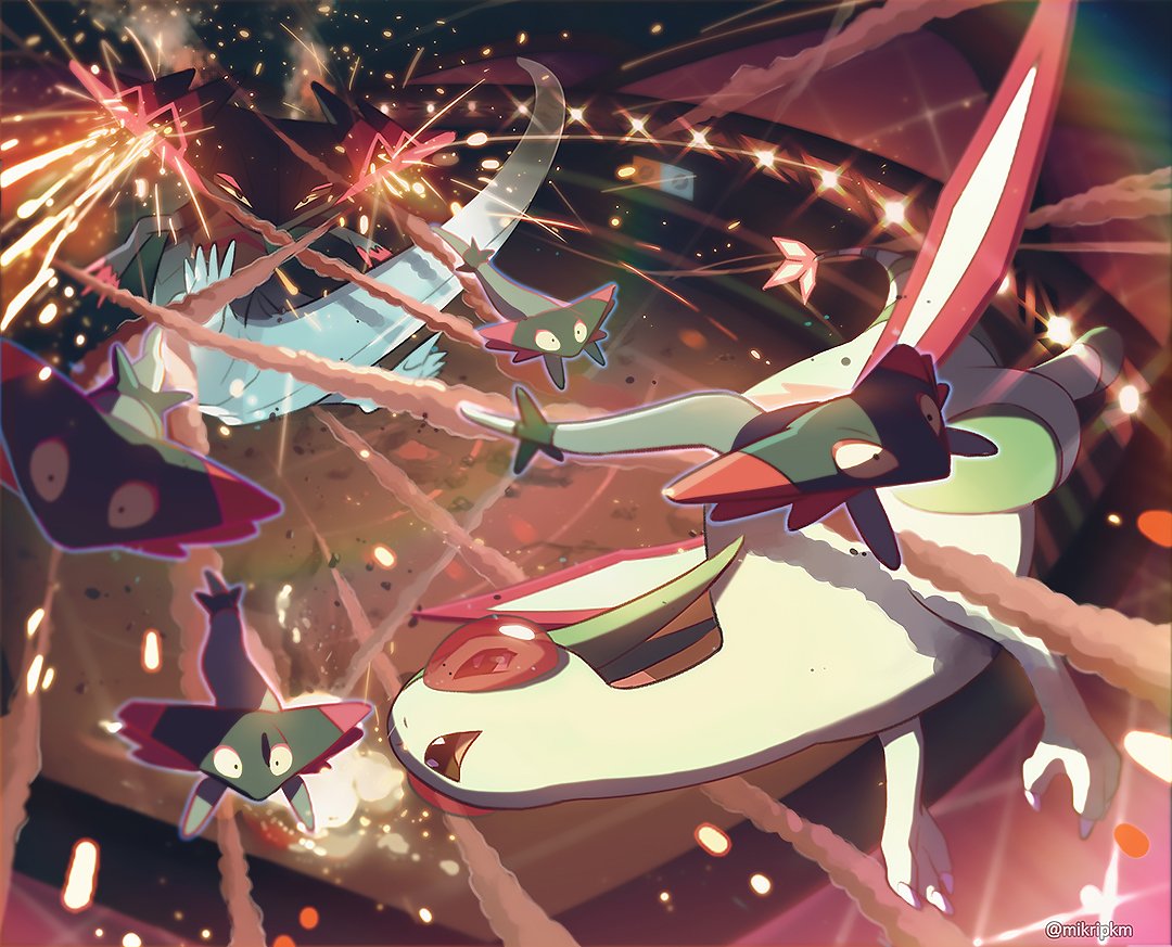 artist_name attack blurry commentary_request dragapult dreepy fangs flygon gen_3_pokemon gen_8_pokemon korean_commentary light mikripkm no_humans open_mouth outdoors pokemon pokemon_(creature) smoke stadium watermark