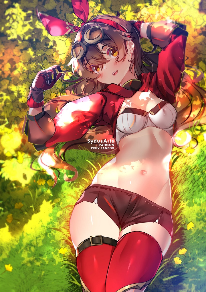 1girl :d amber_(genshin_impact) arms_up bangs bikini bikini_top blush breasts brown_gloves brown_hair brown_shorts day eyebrows_visible_through_hair genshin_impact gloves goggles goggles_on_head hair_ribbon hairband long_hair long_sleeves looking_at_viewer lying navel on_back on_grass on_ground open_mouth outdoors red_hairband red_legwear red_ribbon ribbon short_shorts shorts shrug_(clothing) small_breasts smile solo stomach sunlight swimsuit sydus thigh-highs thigh_gap white_bikini yellow_eyes