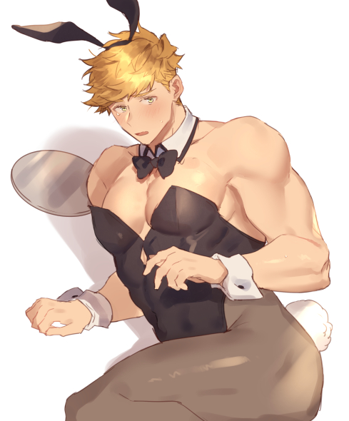 1boy animal_ears bangs bara bare_shoulders blonde_hair blush bow bowtie bunny_tail chest covered_abs crossdressinging detached_collar fake_animal_ears granblue_fantasy green_eyes higashigunkan leotard looking_at_viewer male_focus male_playboy_bunny muscle pantyhose rabbit_ears short_hair solo strapless strapless_leotard tail thick_thighs thighs vane_(granblue_fantasy) wrist_cuffs