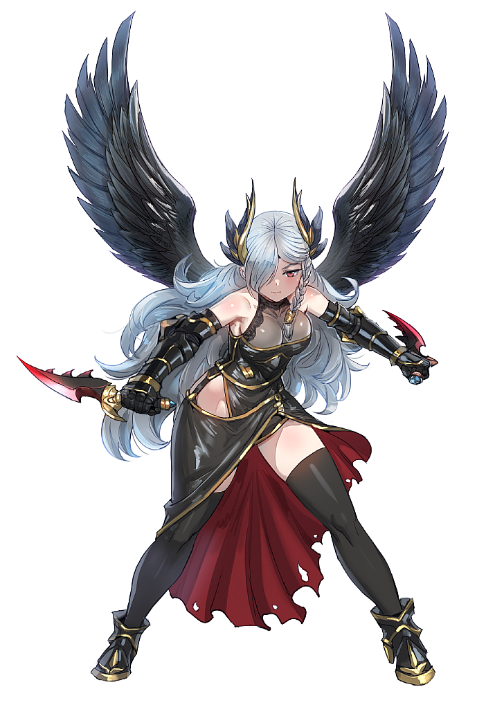1girl bare_shoulders black_dress black_footwear black_legwear black_wings bow_(bhp) breasts closed_mouth dagger dress dual_wielding elbow_gloves feathered_wings fighting_stance full_body gauntlets gloves grey_hair hair_over_one_eye high_heels holding holding_dagger holding_weapon large_breasts legs_apart long_hair looking_at_viewer one_eye_covered original red_eyes reverse_grip silver_hair simple_background smile solo spread_wings standing thigh-highs weapon white_background wings