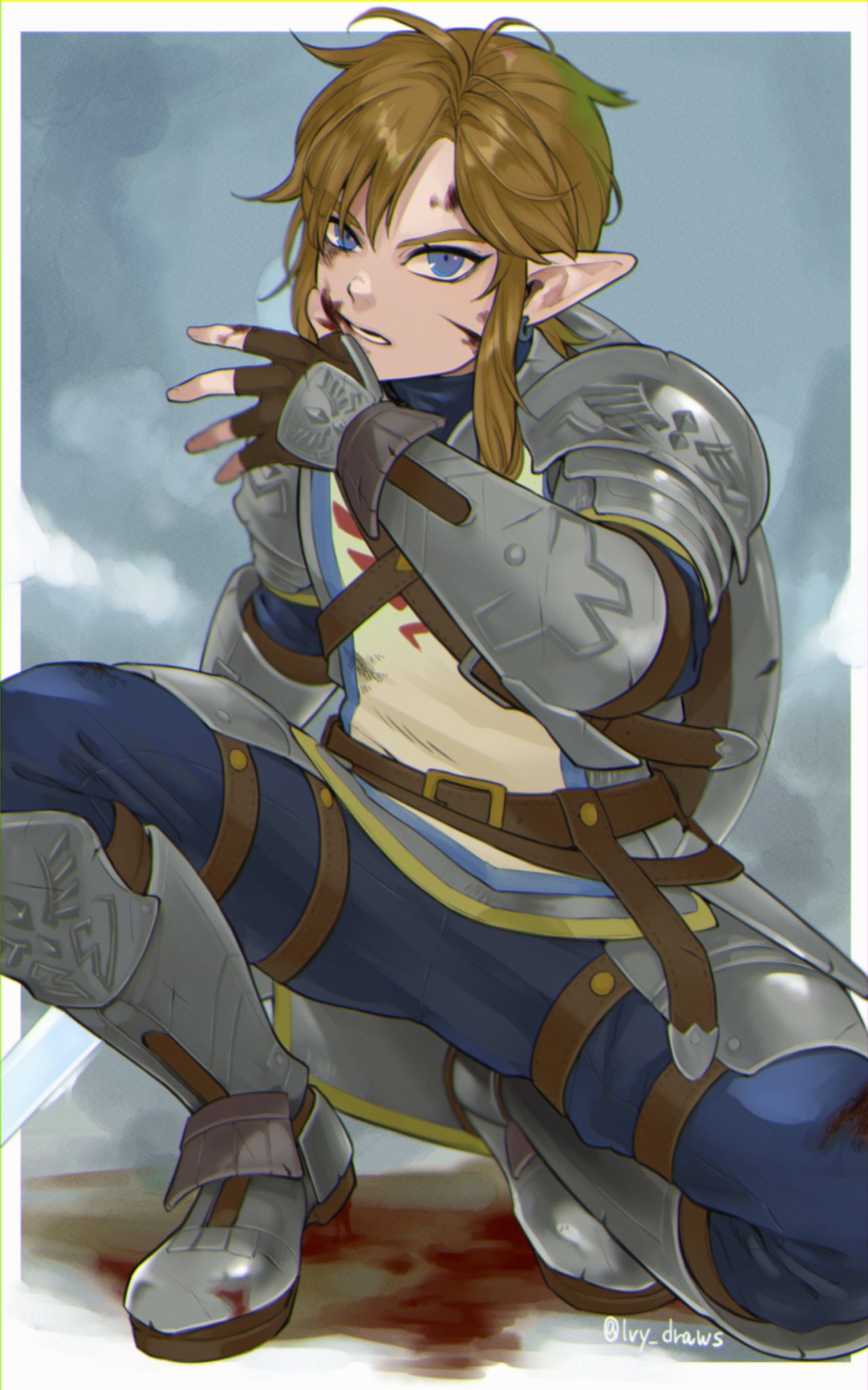 1boy armor armored_boots artist_name bangs blonde_hair blood blood_on_face blue_eyes blue_pants blue_shirt boots border brown_gloves earrings fingerless_gloves gloves hand_up highres holding holding_sword holding_weapon injury iva_(sena0119) jewelry looking_at_viewer lower_teeth male_focus one_knee pants pointy_ears shirt shoulder_armor shoulder_plates soldier_link solo sword the_legend_of_zelda the_legend_of_zelda:_breath_of_the_wild tunic vambraces weapon white_border