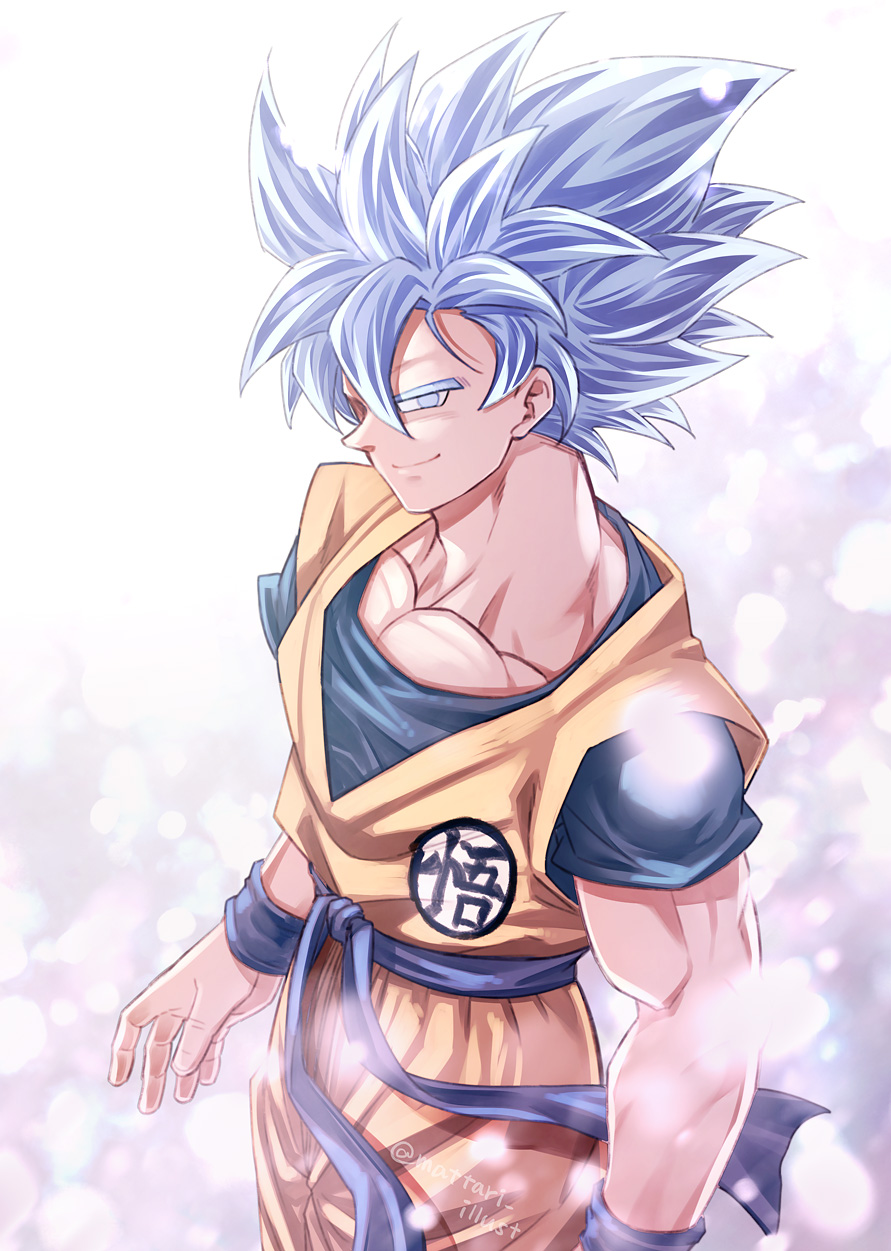 1boy arms_at_sides blue_eyes blue_hair blue_sash closed_mouth dougi dragon_ball dragon_ball_z from_side highres looking_at_viewer male_focus mattari_illust sash short_sleeves smile solo son_goku standing super_saiyan super_saiyan_blue