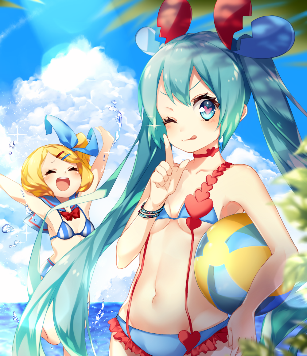 2girls ;p aqua_eyes aqua_hair arms_up ball bangs beach beachball bikini blonde_hair blue_bow blue_collar blue_sky blurry_foreground bow bracelet broken_heart carrying_under_arm clouds collar commentary day hair_bow hair_ornament hairclip hatsune_miku heart heart_bikini heart_hair_ornament heart_in_eye index_finger_raised jewelry kagamine_rin leg_up long_hair matatabi_dango multiple_girls navel ocean one_eye_closed open_mouth outdoors outstretched_arms palm_tree sailor_collar short_hair sky smile splashing striped striped_bikini swept_bangs swimsuit symbol_in_eye tongue tongue_out tree twintails v-shaped_eyebrows very_long_hair vocaloid