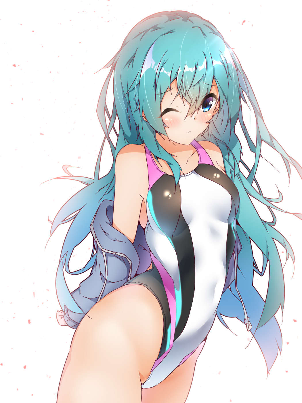 1girl alternate_hairstyle aqua_eyes aqua_hair arms_behind_back bare_hips breasts commentary_request cowboy_shot grey_jacket hair_down harukawa_(hal501) hatsune_miku highleg highleg_swimsuit highres hood hooded_jacket hoodie jacket long_hair looking_at_viewer one_eye_closed simple_background small_breasts solo standing swimsuit vocaloid white_background white_swimsuit