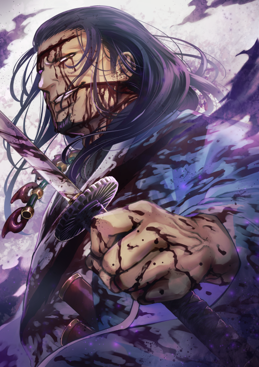 1boy aion_kiu black_hair blood blood_on_face bloody_weapon facial_hair fate/grand_order fate_(series) fighting_stance goatee grin hair_slicked_back haori holding holding_sword holding_weapon japanese_clothes katana male_focus red_eyes serizawa_kamo_(fate) smile sword tied_hair upper_body weapon