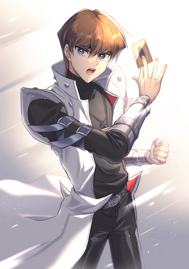 1boy bangs belt belt_buckle black_belt black_pants black_shirt brown_hair buckle card coat cowboy_shot hair_between_eyes holding holding_card kaiba_seto long_sleeves looking_at_viewer nanase_(nns_6077) open_mouth pants shiny shiny_hair shirt short_hair sleeveless_coat solo standing white_coat yellow_eyes yu-gi-oh! yu-gi-oh!_duel_monsters