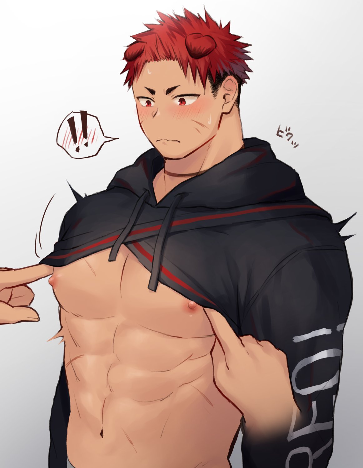 1boy 1other abs animal_ears assisted_exposure bara bare_chest black_hair blush chest cropped_hoodie dog_boy dog_ears dog_tail edie_crop_hoodie fashion fila haozz highres hood hoodie long_sleeves male_focus meme_attire multicolored_hair muscle navel nipples original pectoral_focus redhead reo_(haozz) revealing_clothes short_hair tail twitching two-tone_hair undercut undressing
