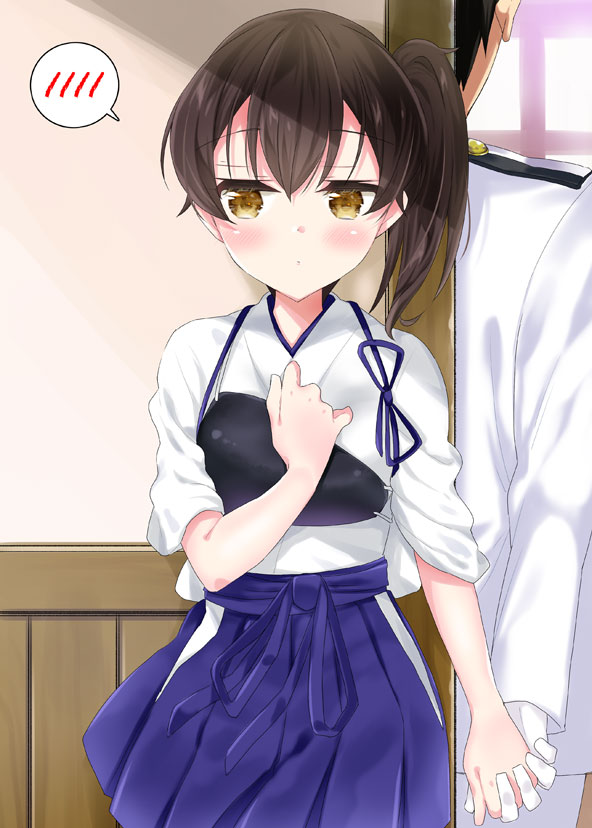 1boy 1girl admiral_(kantai_collection) bangs black_hair blush brown_eyes brown_hair closed_mouth commentary_request eyebrows_visible_through_hair gloves hair_between_eyes hakama_skirt hand_up holding_hands indoors jacket japanese_clothes k_hiro kaga_(kantai_collection) kantai_collection kimono military_jacket muneate pants short_sleeves side_ponytail spoken_blush tasuki white_gloves white_jacket white_kimono white_pants window