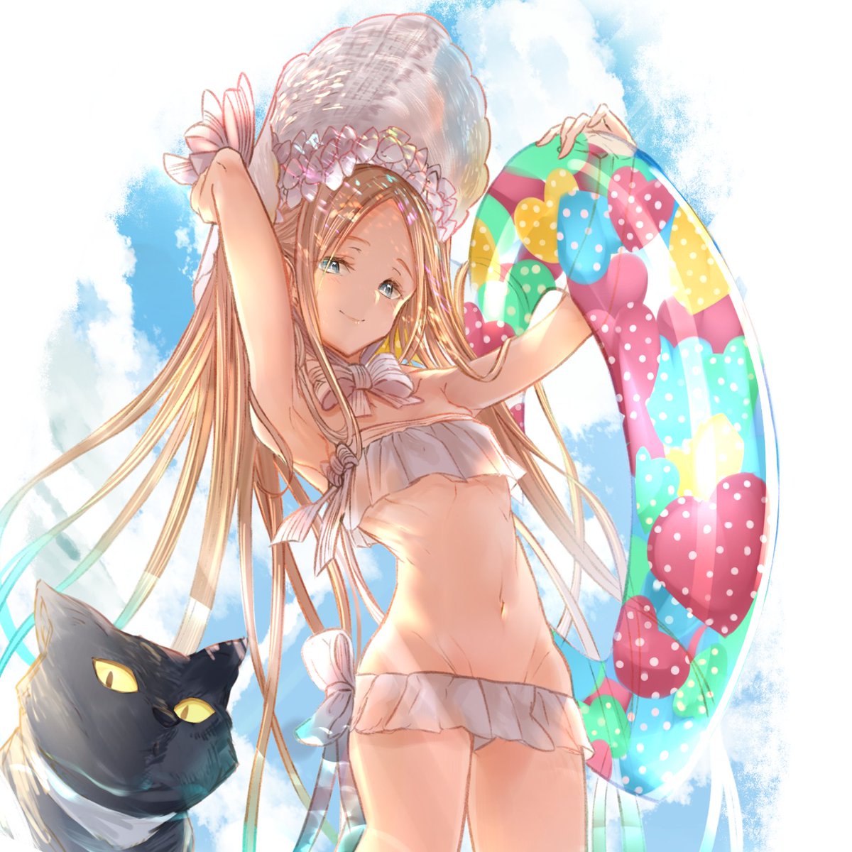 1girl abigail_williams_(fate/grand_order) abigail_williams_(swimsuit_foreigner)_(fate) arm_behind_head arm_up armpits bangs bare_shoulders bikini black_cat blonde_hair blue_eyes blue_sky blush bonnet bow breasts cat fate/grand_order fate_(series) forehead hair_bow highres innertube long_hair looking_at_viewer miniskirt navel parted_bangs sidelocks skirt sky small_breasts smile swimsuit twintails very_long_hair white_bikini white_bow white_headwear yatsuka_(846)