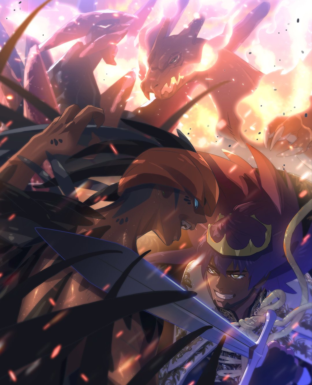 2boys bangs black_hair cape charizard clenched_teeth commentary_request crown dark_skin dark_skinned_male eye_contact facial_hair fire floating_hair gen_1_pokemon gen_5_pokemon gigalith gloves head_down highres holding holding_sword holding_weapon korean_commentary leon_(pokemon) long_hair looking_at_another male_focus mikripkm mohawk multiple_boys open_mouth orange_headwear pokemon pokemon_(creature) pokemon_(game) pokemon_swsh purple_hair raihan_(pokemon) red_cape sword teeth undercut weapon yellow_eyes