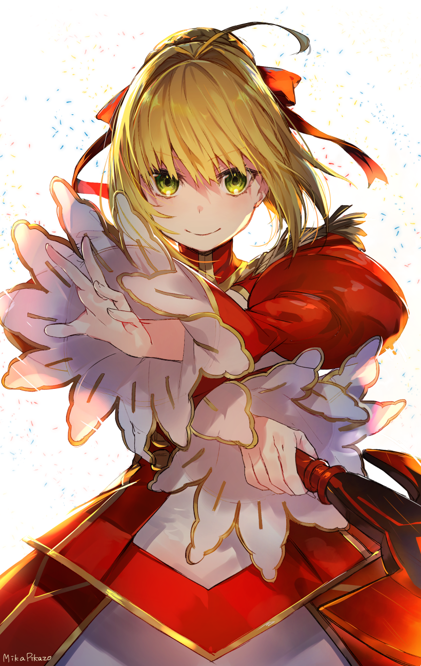 1girl aestus_estus ahoge artist_name bangs blonde_hair braid dress epaulettes eyebrows_visible_through_hair fate/extra fate_(series) hair_ribbon highres holding holding_sword holding_weapon mika_pikazo nero_claudius_(fate) nero_claudius_(fate)_(all) red_dress red_ribbon ribbon sidelocks signature solo sword upper_body weapon