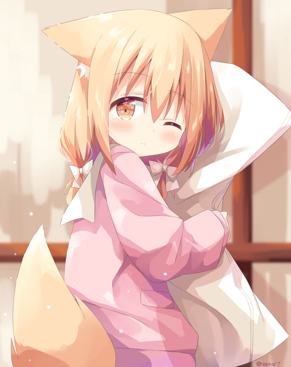 1girl animal_ear_fluff animal_ears bangs blush bow closed_mouth commentary_request eyebrows_visible_through_hair from_behind hair_between_eyes hair_bow highres jacket light_brown_hair long_sleeves looking_at_viewer looking_back low_twintails miike-chan nakkar one_eye_closed original pillow pillow_hug pink_jacket sailor_collar short_twintails sleeves_past_wrists solo tail tail_raised twintails upper_body white_bow white_sailor_collar