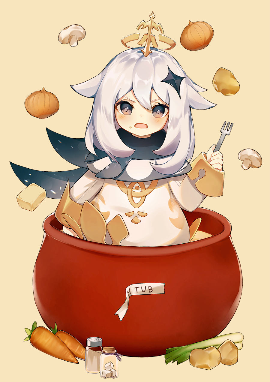 1girl blue_eyes blush cape carrot celery dress food fork genshin_impact hair_between_eyes halo highres looking_at_viewer mushroom onion open_mouth paimon_(genshin_impact) pot potato scarf short_hair soup sugar_cube white_dress white_hair xoaiu