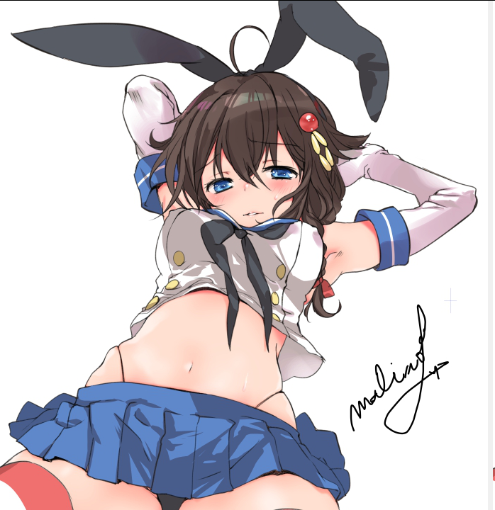 ... 1girl ahoge armpits arms_up black_hair black_hairband black_neckwear black_panties blue_eyes blue_sailor_collar blue_skirt braid cosplay crop_top elbow_gloves from_below gloves hair_flaps hair_ornament hair_over_shoulder hairband highleg highleg_panties kantai_collection long_hair malino_(dream_maker) microskirt miniskirt neckerchief panties pleated_skirt remodel_(kantai_collection) sailor_collar shigure_(kantai_collection) shimakaze_(kantai_collection) shimakaze_(kantai_collection)_(cosplay) simple_background single_braid skirt solo spoken_ellipsis striped striped_legwear thigh-highs underwear white_background white_gloves