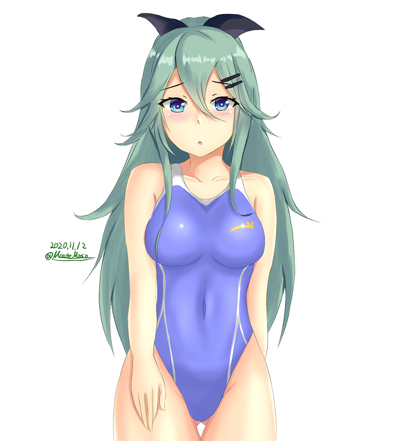 1girl :o alternate_breast_size arm_behind_back ass_visible_through_thighs black_bow black_ribbon blue_eyes blue_swimsuit bow breasts collarbone competition_swimsuit covered_navel cowboy_shot dated eyebrows green_hair hair_between_eyes hair_flaps hair_ornament hair_ribbon hairclip hand_on_own_leg kantai_collection large_breasts montemasa one-piece_swimsuit open_mouth ribbon solo swimsuit twitter_username yamakaze_(kantai_collection)