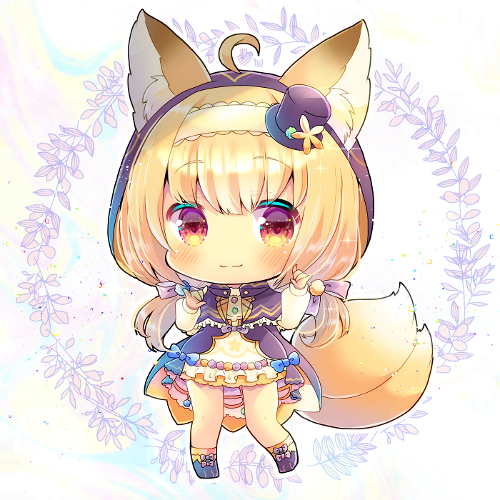 1girl ahoge animal_ear_fluff animal_ears black_footwear black_headwear blonde_hair blush boots capelet chibi closed_mouth commentary_request double_fox_shadow_puppet ears_through_headwear flower_knight_girl fox_ears fox_girl fox_shadow_puppet fox_tail frilled_capelet frills full_body hair_through_headwear hat hood hood_up hooded_capelet kitsune_no_botan_(flower_knight_girl) kouu_hiyoyo long_hair long_sleeves low_twintails mini_hat mini_top_hat multiple_tails puffy_long_sleeves puffy_sleeves purple_capelet red_eyes skirt smile socks solo standing standing_on_one_leg tail tilted_headwear top_hat twintails two_tails very_long_hair white_background white_skirt yellow_legwear