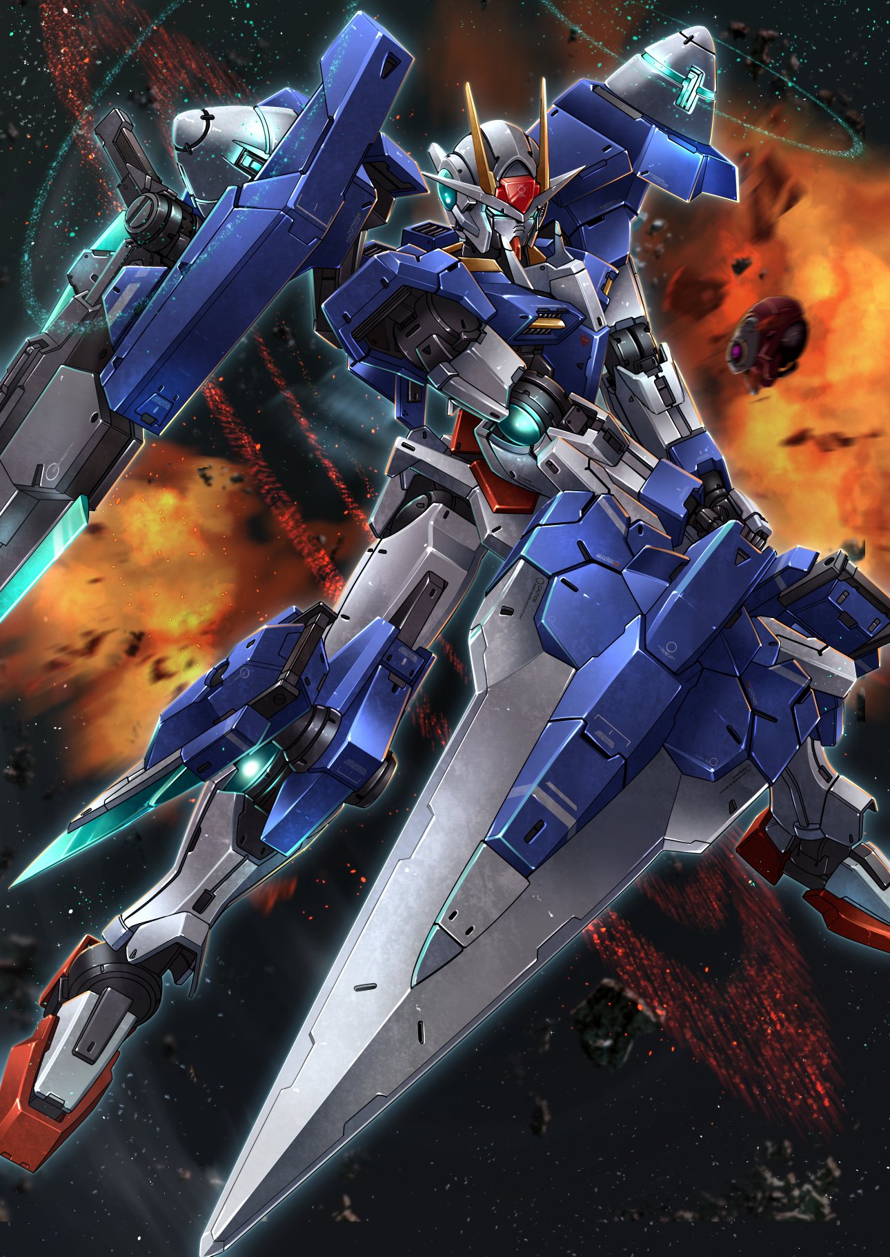 00_gundam aiyat_@_maotto blue_eyes explosion glowing glowing_eyes gundam gundam_00 highres holding holding_sword holding_weapon looking_down mecha no_humans solo space sword v-fin weapon