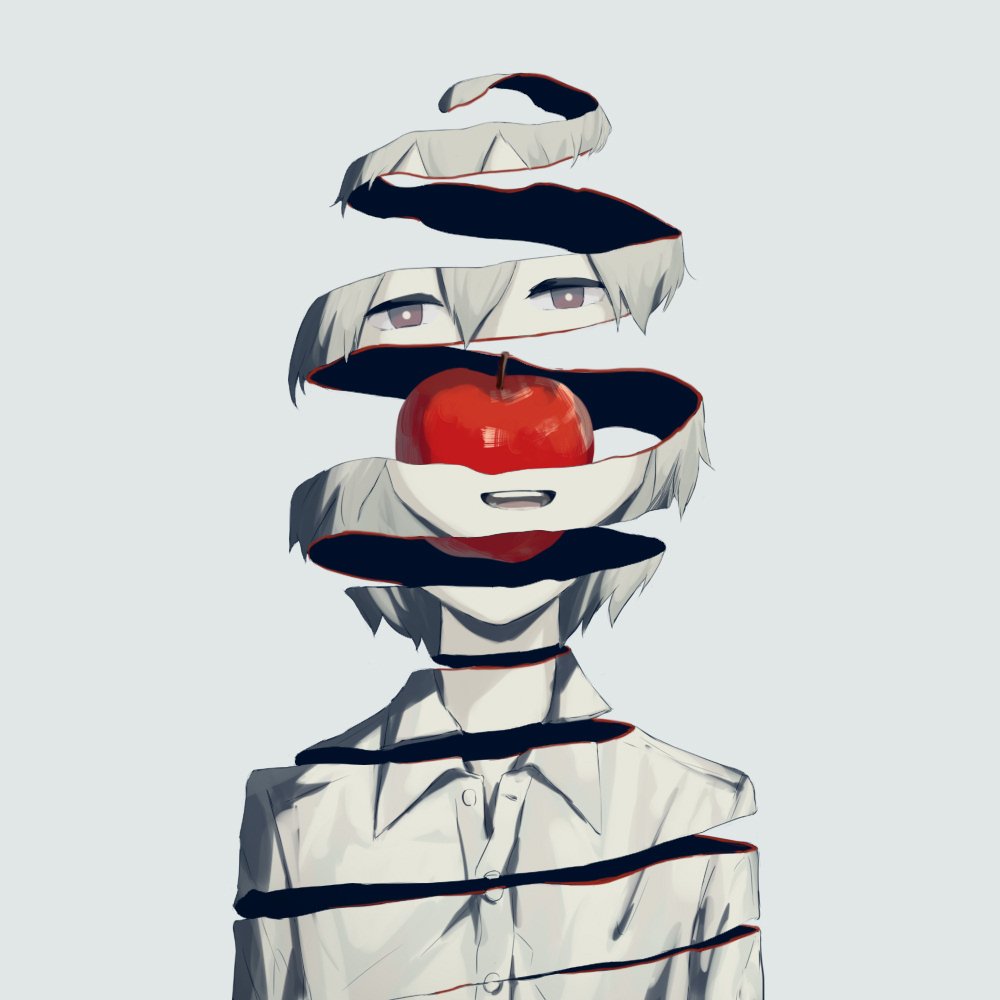 1boy :d apple avogado6 bright_pupils collared_shirt food fruit grey_background grey_hair looking_at_viewer open_mouth original red_apple shirt simple_background smile solo upper_body white_pupils white_shirt white_skin wing_collar