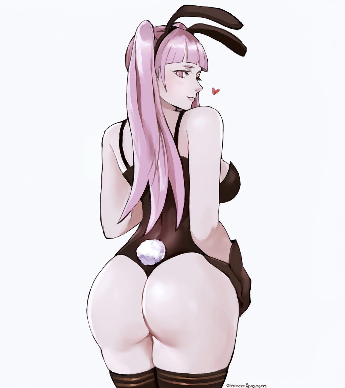 1girl animal_ears artist_name ass bangs bunny_tail fire_emblem fire_emblem:_three_houses gloves heart highres hilda_valentine_goneril lips looking_at_viewer looking_back pink_eyes pink_hair playboy_bunny rabbit_ears simple_background solo tail the_kingduke thigh-highs twintails white_background