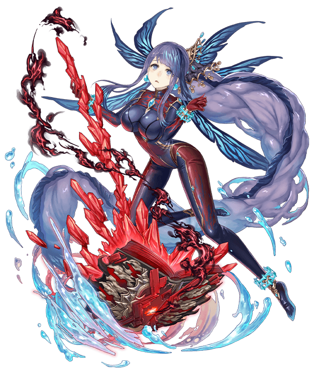 1girl absurdly_long_hair anklet aqua_eyes bodysuit book bracelet breasts crystal earrings eyebrows_visible_through_hair fins frown full_body jewelry ji_no large_breasts long_hair looking_at_viewer ningyo_hime_(sinoalice) official_art purple_hair sad shiny shiny_clothes sinoalice skin_tight smoke solo transparent_background very_long_hair water