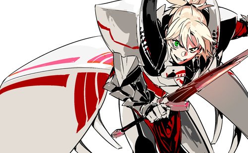 1girl armor blonde_hair clarent fate_(series) full_armor green_eyes grin holding holding_sword holding_weapon lowres mordred_(fate) mordred_(fate)_(all) pako ponytail smile solo sword teeth weapon