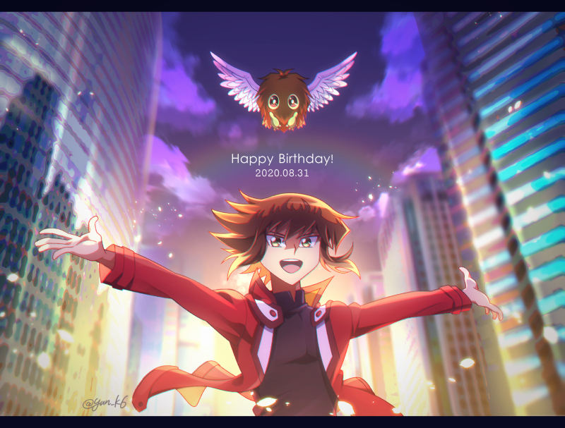 1boy 2020 black_shirt blurry blurry_background brown_hair dated duel_academy_uniform_(yu-gi-oh!_gx) floating_hair happy_birthday jacket long_sleeves male_focus medium_hair multicolored_hair open_clothes open_jacket outdoors outstretched_arms red_jacket shirt solo twitter_username two-tone_hair upper_body winged_kuriboh yu-gi-oh! yu-gi-oh!_gx yun_yu yuuki_juudai