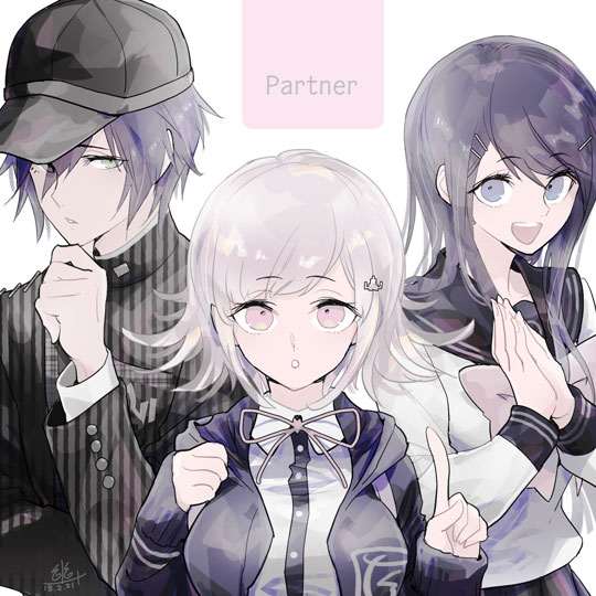 1boy 2girls :o bangs black_hair black_jacket blue_eyes blue_hair bow breasts brown_eyes collared_shirt commentary_request dangan_ronpa dangan_ronpa_1 eyebrows_visible_through_hair hair_between_eyes hair_ornament hairclip hat index_finger_raised jacket large_breasts layered_sleeves long_hair long_sleeves looking_at_viewer maizono_sayaka multiple_girls nanami_chiaki new_dangan_ronpa_v3 pink_bow pink_eyes pink_hair pink_ribbon ribbon saihara_shuuichi sailor_collar school_uniform serafuku shirt short_hair sleeves_past_wrists smile striped_jacket super_dangan_ronpa_2 u_u_ki_u_u upper_body white_shirt