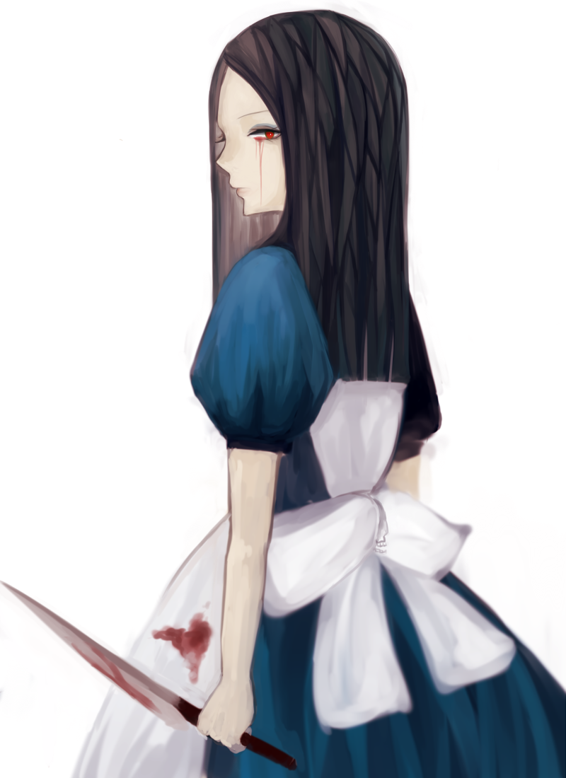 1girl alice:_madness_returns alice_(wonderland) alice_in_wonderland american_mcgee's_alice apron black_hair blood closed_mouth dress knife long_hair looking_at_viewer simple_background solo white_background
