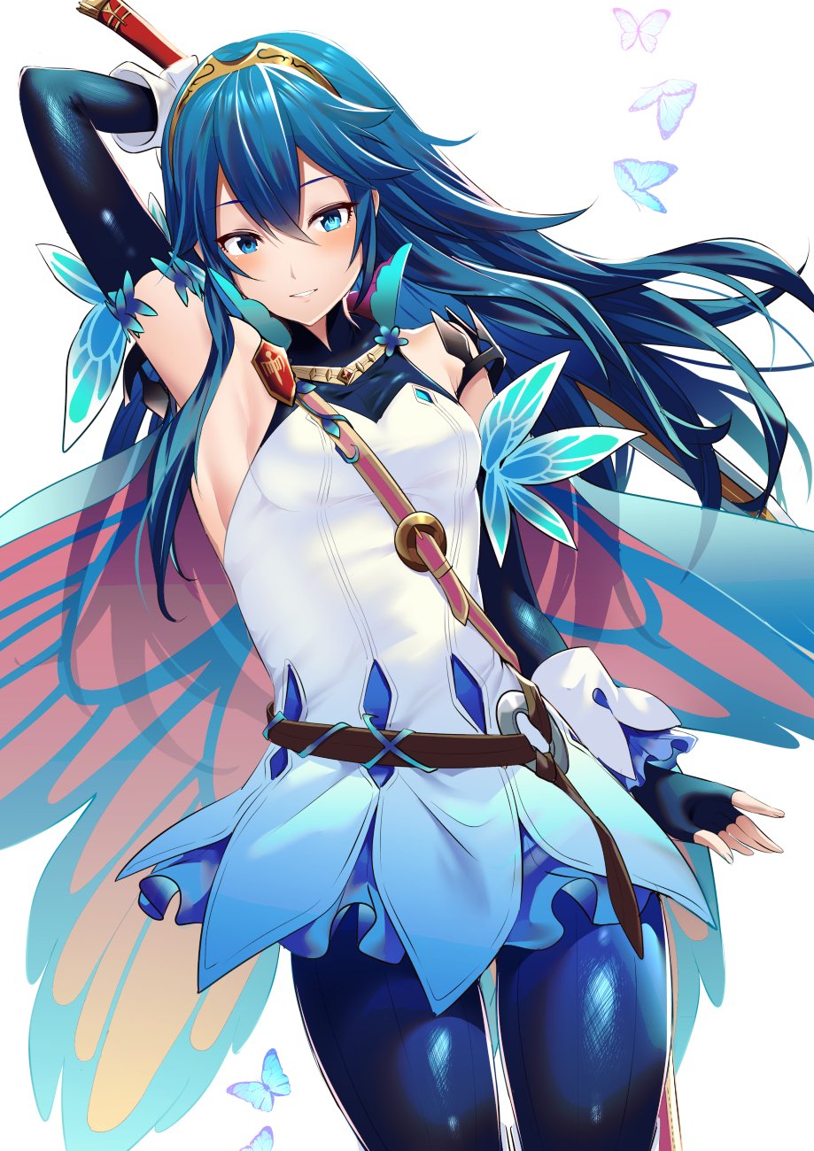 1girl alternate_costume ameno_(a_meno0) arm_up armpits bangs bare_shoulders blue_butterfly blue_eyes blue_gloves blue_legwear butterfly_wings dress elbow_gloves fingerless_gloves fire_emblem fire_emblem_heroes gloves hair_between_eyes highres holding holding_sword holding_weapon long_hair lucina_(fire_emblem) pantyhose parted_lips standing strap sword symbol-shaped_pupils tiara weapon white_background white_dress wings