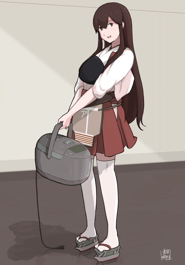 1girl :d akagi_(kantai_collection) apron brown_eyes brown_hair full_body geta hakama_skirt hallway holding indoors japanese_clothes kantai_collection long_hair looking_at_viewer mihama_machi muneate open_mouth red_skirt rice_cooker signature skirt smile solo straight_hair tasuki thigh-highs white_legwear