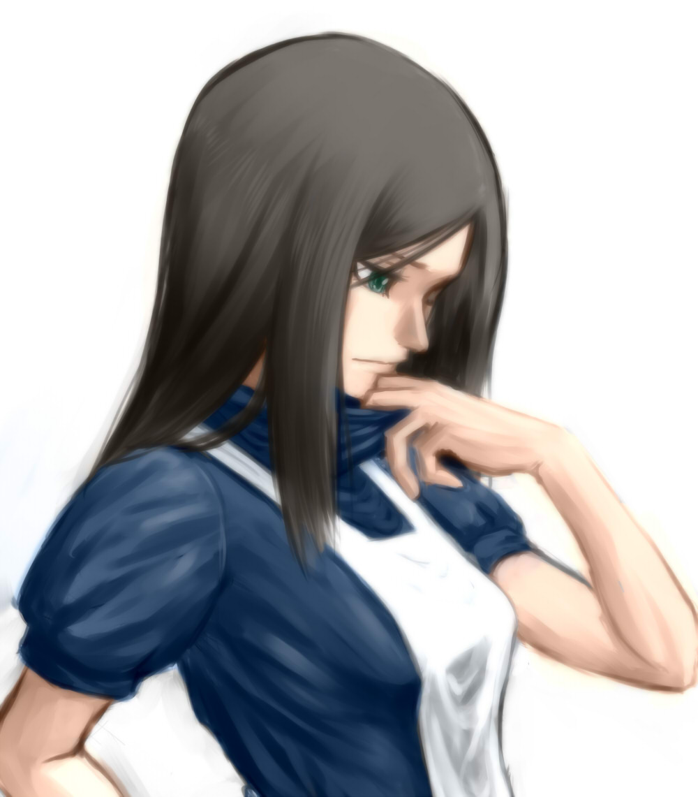 1girl alice:_madness_returns alice_(wonderland) alice_in_wonderland american_mcgee's_alice apron black_hair breasts ceramic_man closed_mouth dress green_eyes long_hair simple_background solo white_background