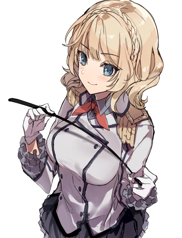 1girl bangs black_skirt blonde_hair blue_eyes blush braid breasts colorado_(kantai_collection) cosplay epaulettes eyebrows_visible_through_hair frills gloves holding kantai_collection kashima_(kantai_collection) kashima_(kantai_collection)_(cosplay) large_breasts long_sleeves military military_uniform picoli1313 riding_crop short_hair simple_background skirt smile solo uniform white_background white_gloves