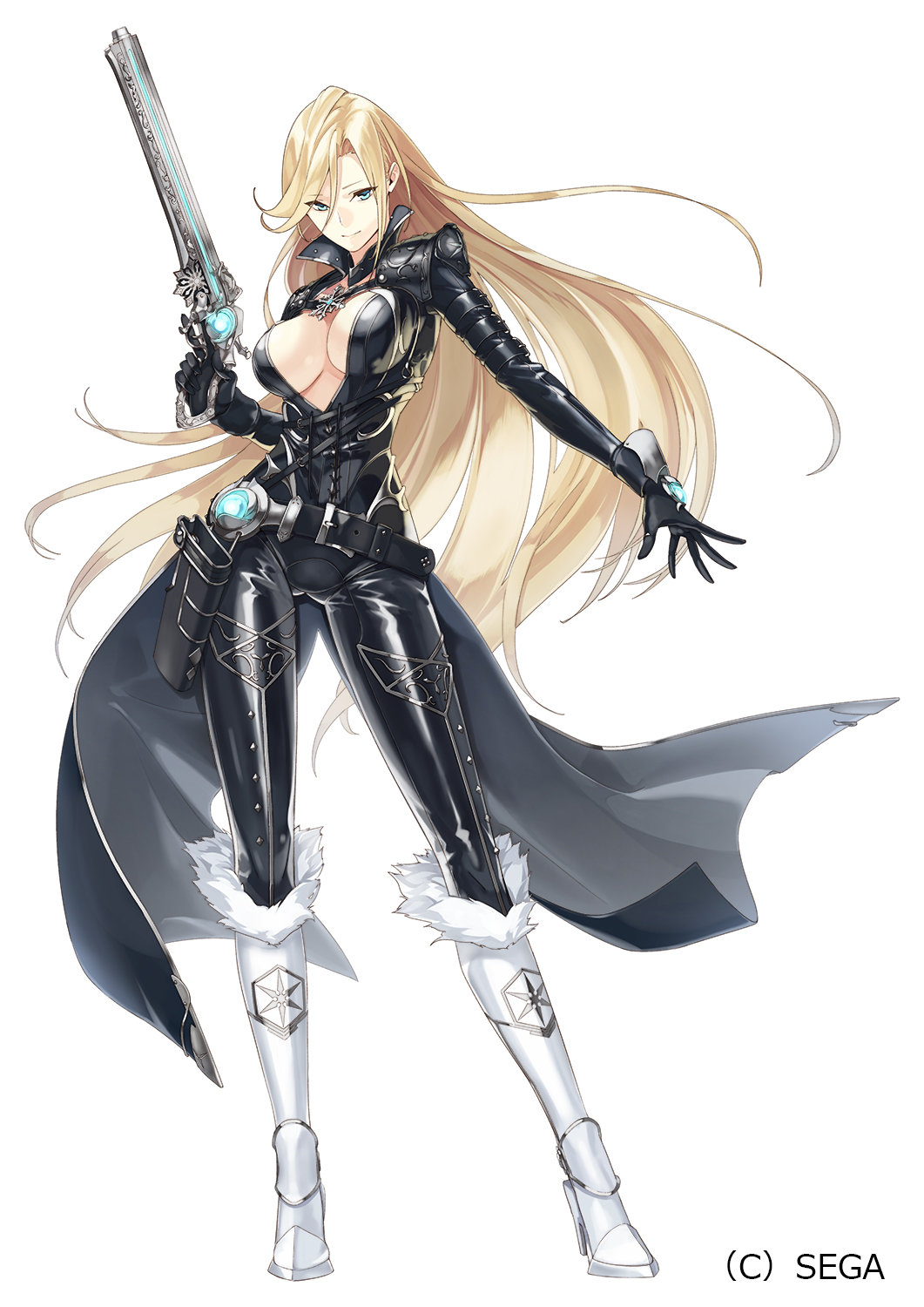 1girl akamiso_(k074510) belt black_bodysuit black_gloves blonde_hair blue_eyes bodysuit boots breasts closed_mouth contrapposto full_body gloves gun highres holding holding_gun holding_weapon holster idola_phantasy_star_saga knee_boots large_breasts legs_apart long_hair looking_at_viewer official_art popped_collar shannon_(idola) simple_background smile solo standing weapon white_background white_footwear