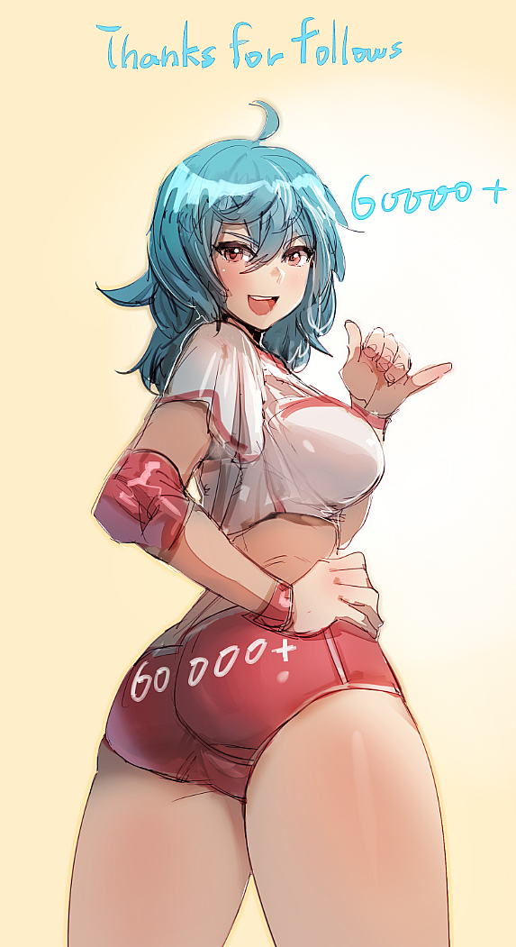 1girl :d ahoge blue_hair bow_(bhp) buruma cowboy_shot elbow_pads followers from_behind hand_on_hip hand_up looking_at_viewer looking_back medium_hair open_mouth original pinky_out red_buruma red_eyes round_teeth smile solo teeth upper_teeth