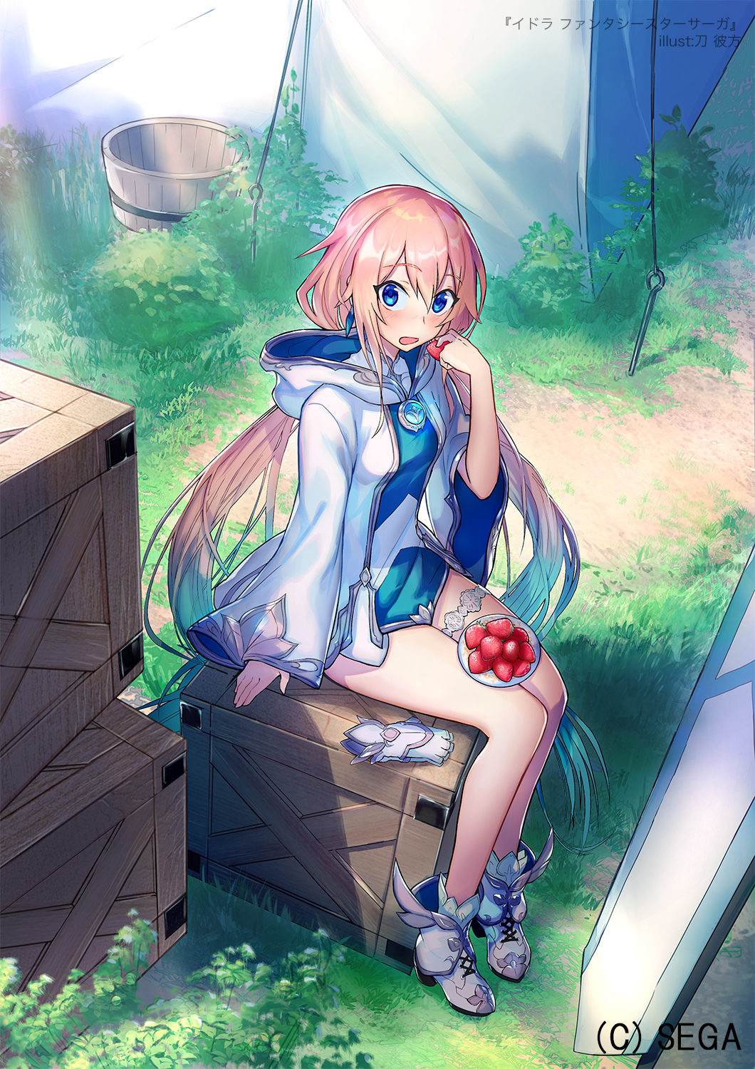 1girl :o bare_legs blue_dress blue_eyes blue_hair blush bucket canata_katana crate dress food fruit full_body gradient_hair highres hood hood_down idola_phantasy_star_saga long_hair looking_at_viewer multicolored_hair official_art open_mouth pink_hair plate raised_eyebrows shoes sitting solo stella_(idola) strawberry tent thighlet twintails white_footwear