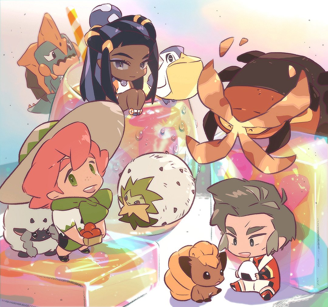 beige_headwear black_eyes centiskorch chibi commentary dark_skin dark-skinned_female drednaw eldegoss food freckles gen_1_pokemon gen_3_pokemon gen_8_pokemon green_eyes gym_leader hair_bun hat jewelry kabu_(pokemon) long_hair mikripkm milo_(pokemon) multicolored_hair necklace nessa_(pokemon) onigiri pelipper pink_hair pokemon pokemon_(creature) pokemon_(game) pokemon_swsh red_legwear shirt shoes short_sleeves shorts sitting socks sun_hat two-tone_hair vulpix water_drop wooloo