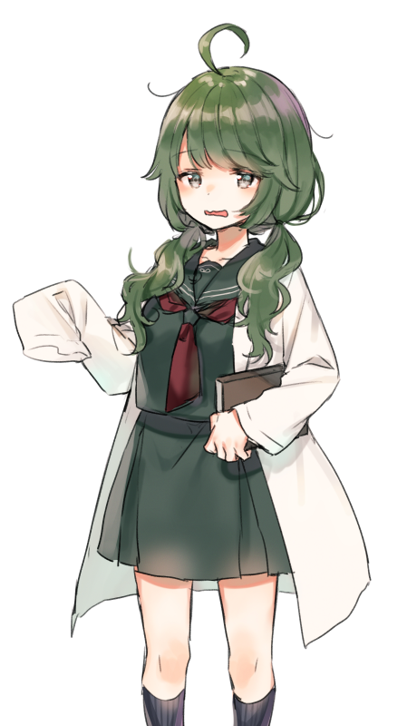 1girl ahoge bangs black_legwear blush book collarbone commentary_request eyebrows_visible_through_hair green_eyes green_hair green_sailor_collar green_serafuku green_shirt green_skirt hair_flaps hair_over_shoulder kneehighs long_hair long_sleeves looking_at_viewer low_twintails midorikawa_you open_clothes original parted_lips pleated_skirt ribbed_legwear sailor_collar school_uniform serafuku shirt simple_background skirt sleeves_past_fingers sleeves_past_wrists solo twintails wavy_mouth white_background