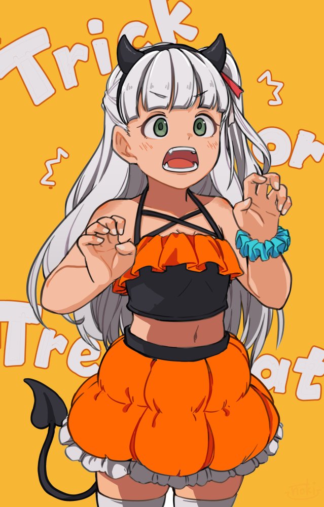 1girl arm_scrunchie background_text bangs blunt_bangs claw_pose eyebrows_visible_through_hair fake_horns fujinoki_(horonabe-ken) green_eyes hair_ribbon halloween halloween_costume horns kantai_collection long_hair maestrale_(kantai_collection) navel one_side_up open_mouth orange_background ribbon scrunchie simple_background skirt solo tail thigh-highs trick_or_treat