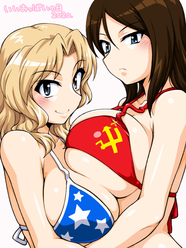 2girls american_flag_bikini asymmetrical_docking bangs bikini black_hair blonde_hair blue_eyes breast_press breasts closed_mouth commentary emblem eyebrows_visible_through_hair flag_print from_side frown girls_und_panzer hair_intakes kay_(girls_und_panzer) large_breasts long_hair looking_at_viewer multiple_girls nonna_(girls_und_panzer) oosaka_kanagawa pravda_(emblem) print_bikini red_bikini simple_background skindentation smile swept_bangs swimsuit translated upper_body white_background