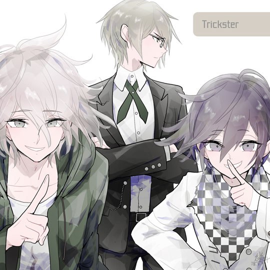 bangs black_jacket black_pants blonde_hair brown_eyes checkered checkered_scarf collared_shirt commentary_request crossed_arms dangan_ronpa dangan_ronpa_1 finger_to_mouth glasses green_jacket grey_hair grin hair_between_eyes hood hooded_jacket index_finger_raised jacket komaeda_nagito long_sleeves looking_at_viewer male_focus multiple_boys new_dangan_ronpa_v3 ouma_kokichi pants purple_hair scarf shirt short_hair shushing simple_background smile straitjacket super_dangan_ronpa_2 togami_byakuya u_u_ki_u_u white_background white_shirt