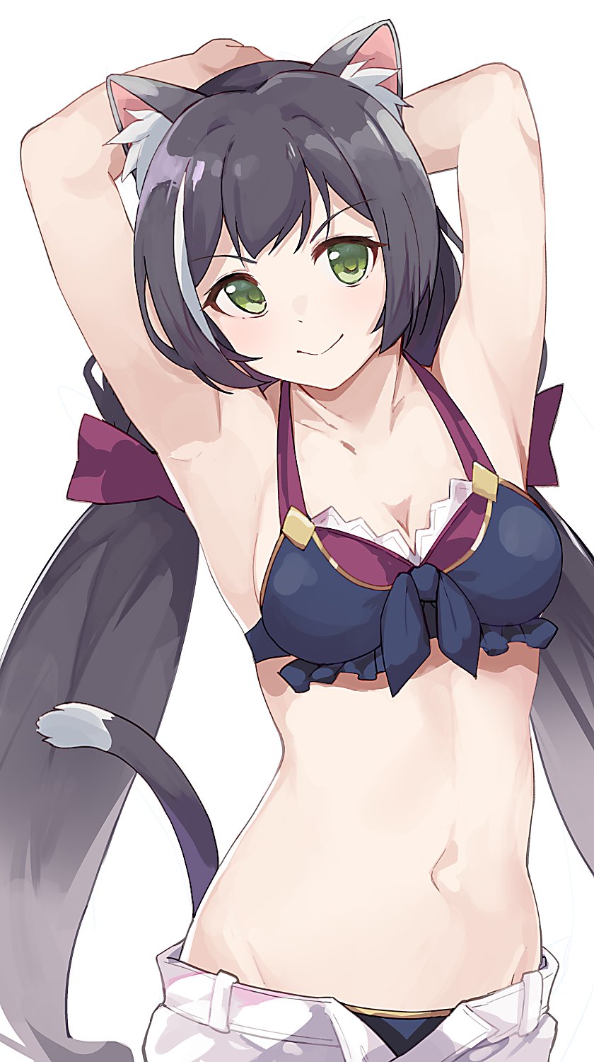 1girl animal_ear_fluff animal_ears arms_behind_head bikini black_bikini bow breasts cat_ears cat_tail closed_mouth collarbone eyebrows_visible_through_hair green_eyes hair_bow highres hiroki_(yyqw7151) karyl_(princess_connect!) long_hair looking_at_viewer low_twintails medium_breasts multicolored_hair navel princess_connect! princess_connect!_re:dive purple_bow shorts simple_background smile solo streaked_hair swimsuit tail twintails unbuttoned unbuttoned_shorts very_long_hair white_background white_hair white_shorts