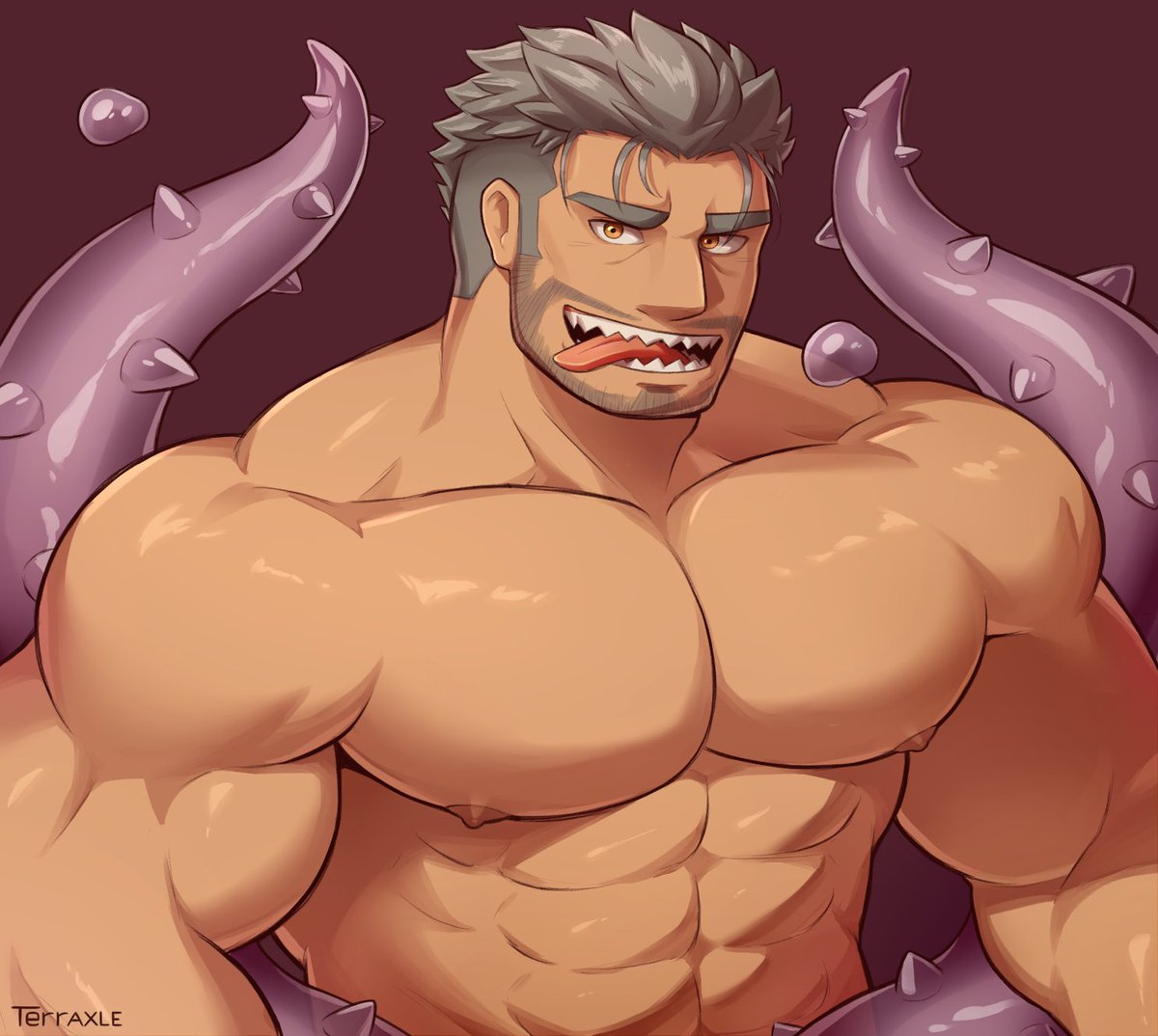 1boy abs bara biceps chest completely_nude dagon_(tokyo_houkago_summoners) facial_hair grey_hair looking_at_viewer male_focus muscle nipples nude octopus_boy sharp_teeth short_hair sideburns solo stubble teeth tentacles terraxle tokyo_houkago_summoners tongue tongue_out undercut upper_body
