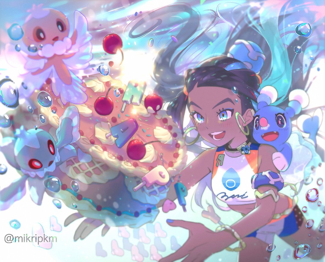 1girl armlet artist_name belly_chain bike_shorts black_hair blue_eyes blue_eyeshadow blue_hair blue_nails blush brionne commentary_request dark_skin dark-skinned_female earrings eyelashes eyeshadow frillish frillish_(female) frillish_(male) gen_3_pokemon gen_5_pokemon gen_7_pokemon gym_leader hair_bun hoop_earrings jewelry korean_commentary long_hair luvdisc makeup mikripkm multicolored_hair nail_polish necklace nessa_(pokemon) open_mouth pokemon pokemon_(creature) pokemon_(game) pokemon_swsh smile sparkle teeth tongue two-tone_hair water_drop watermark