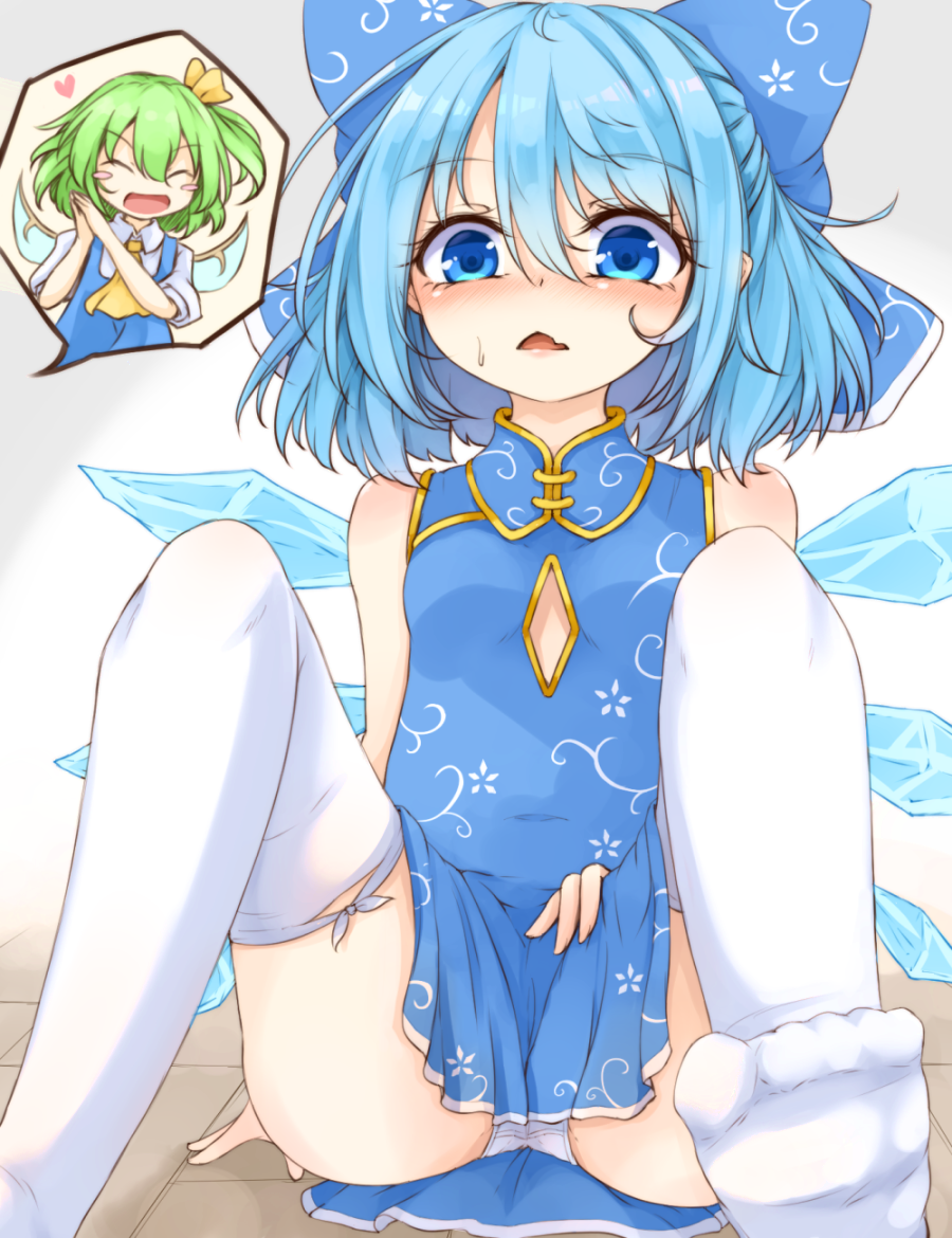 2girls ascot blue_bow blue_dress blue_eyes blue_hair blush_stickers bow china_dress chinese_clothes cirno cleavage_cutout closed_eyes clothing_cutout daiyousei dress eyebrows_visible_through_hair fairy_wings fang feet_out_of_frame green_hair hair_bow heart ice ice_wings knees_up multiple_girls neko_mata no_shoes open_mouth panties pantyshot short_dress short_sleeves sitting skin_fang sleeveless sleeveless_dress sweatdrop thigh-highs thighs touhou underwear white_legwear white_panties wings yellow_neckwear
