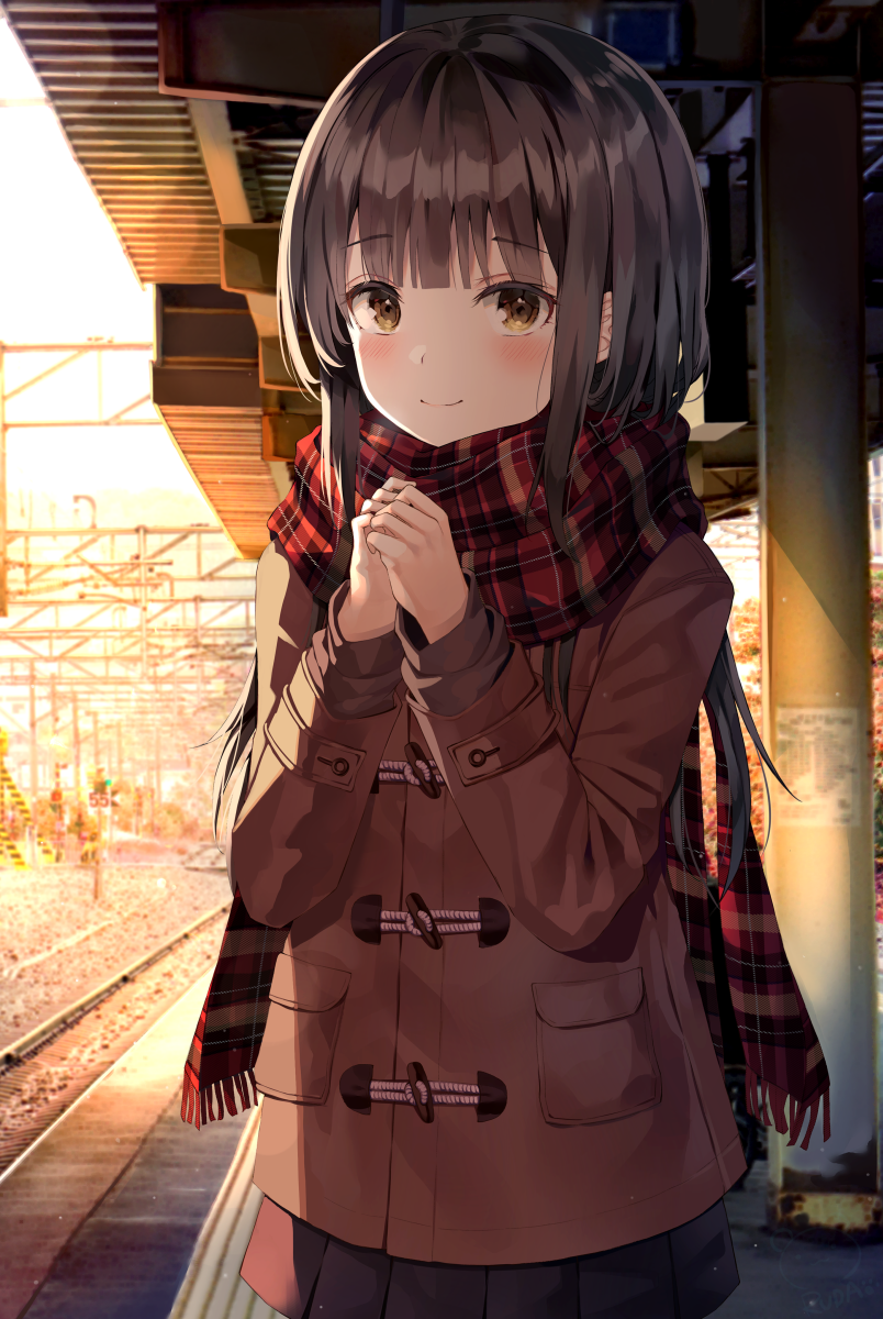 1girl black_hair black_skirt blush brown_coat brown_eyes brown_shirt closed_mouth coat commentary_request duffel_coat fringe_trim hands_together hands_up highres long_hair long_sleeves looking_at_viewer original own_hands_together plaid plaid_scarf pleated_skirt railroad_tracks red_scarf ruda_(ruda_e) scarf school_uniform shirt skirt smile solo standing sunset train_station very_long_hair