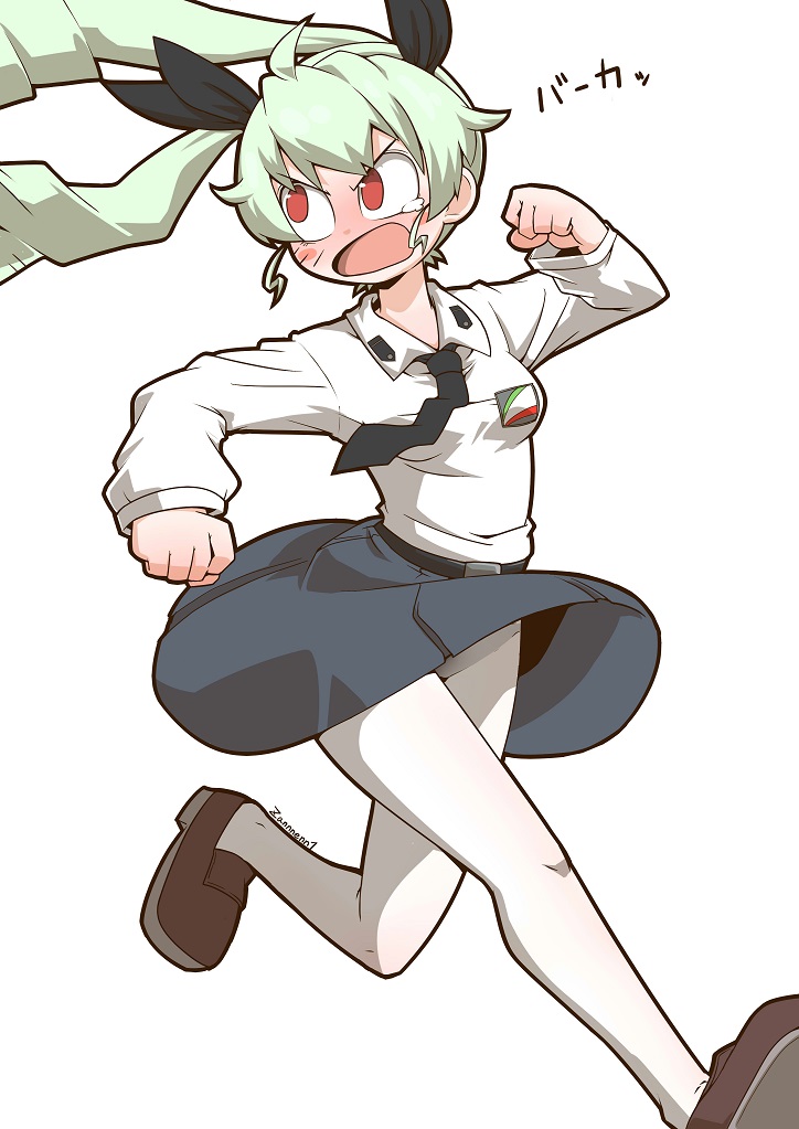 1girl anchovy_(girls_und_panzer) angry anzio_school_uniform bangs belt black_belt black_footwear black_neckwear black_ribbon black_skirt blush commentary dress_shirt drill_hair emblem frown girls_und_panzer green_hair hair_ribbon loafers long_hair long_sleeves looking_back miniskirt necktie open_mouth panties panties_under_pantyhose pantyhose pleated_skirt red_eyes ribbon running school_uniform shirt shoes simple_background skirt solo tearing_up translated twin_drills twintails twitter_username underwear v-shaped_eyebrows white_background white_legwear white_shirt wing_collar zannen_na_hito