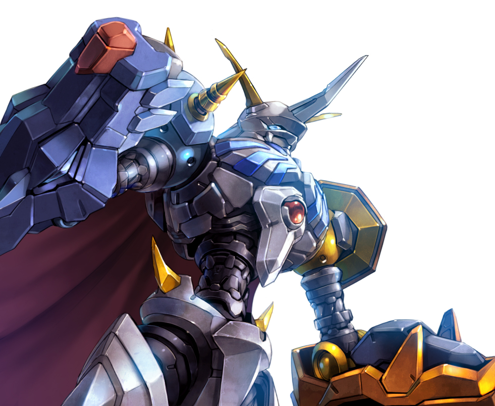 arm_cannon blue_eyes close-up digimon horns looking_up mecha no_humans omegamon single_horn solo taedu upper_body weapon white_background