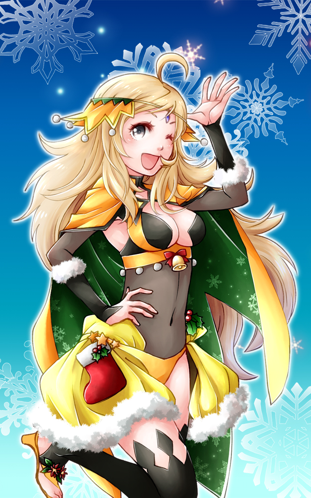1girl ahoge alternate_costume bell breasts capelet christmas_ornaments cloak covered_navel detached_sleeves ebi_puri_(ebi-ebi) fire_emblem fire_emblem_fates fire_emblem_heroes long_hair looking_at_viewer one_eye_closed open_mouth ophelia_(fire_emblem) simple_background